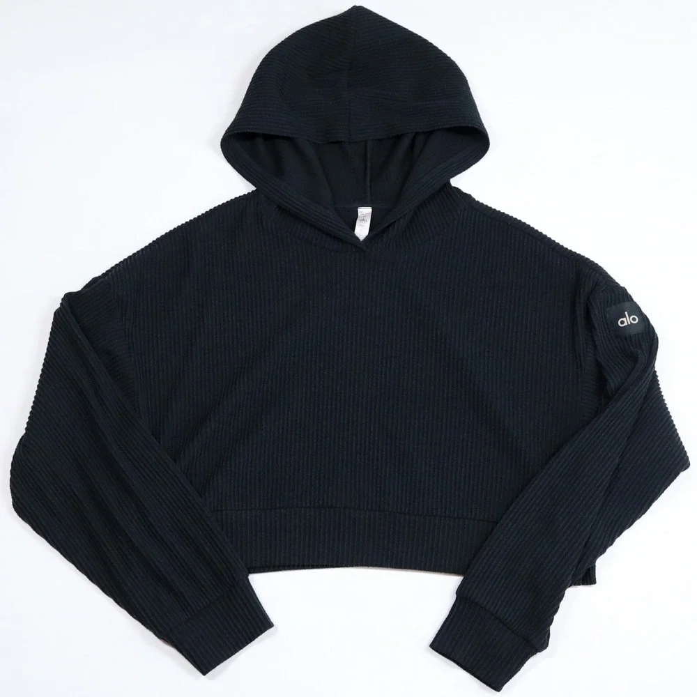 Alo Yoga Muse Hoodie Women Size Medium Black Ribbed Cropped Pullover Sweatshirt